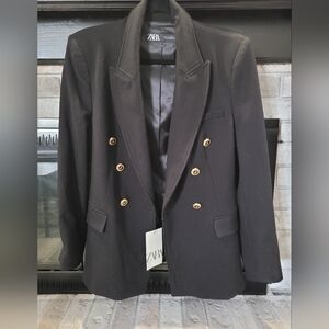 Zara Double-Breasted Black Blazer with Gold Buttons